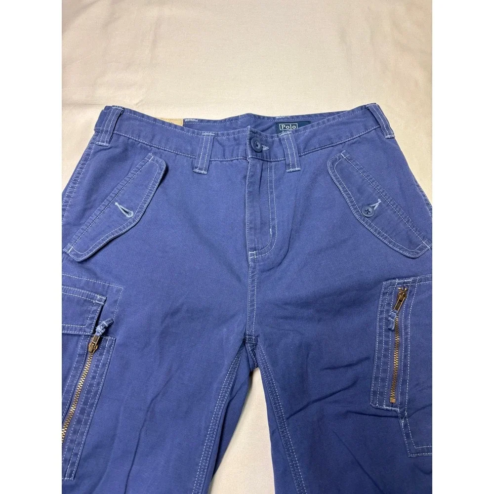VTG Y2K Polo Ralph Lauren Blue Cargo Pants Wide Leg Zipper Pockets Boys 16 28X29